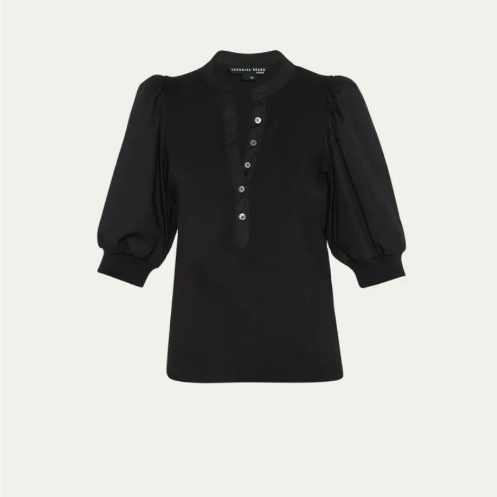 Veronica Beard Black Puff Sleeve Blouse with Mandarin Collar